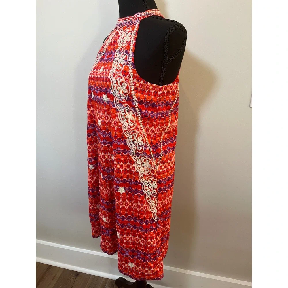 THML Orange Purple Ikat Embroidered Halter Shift Dress Small Boho NEW‎